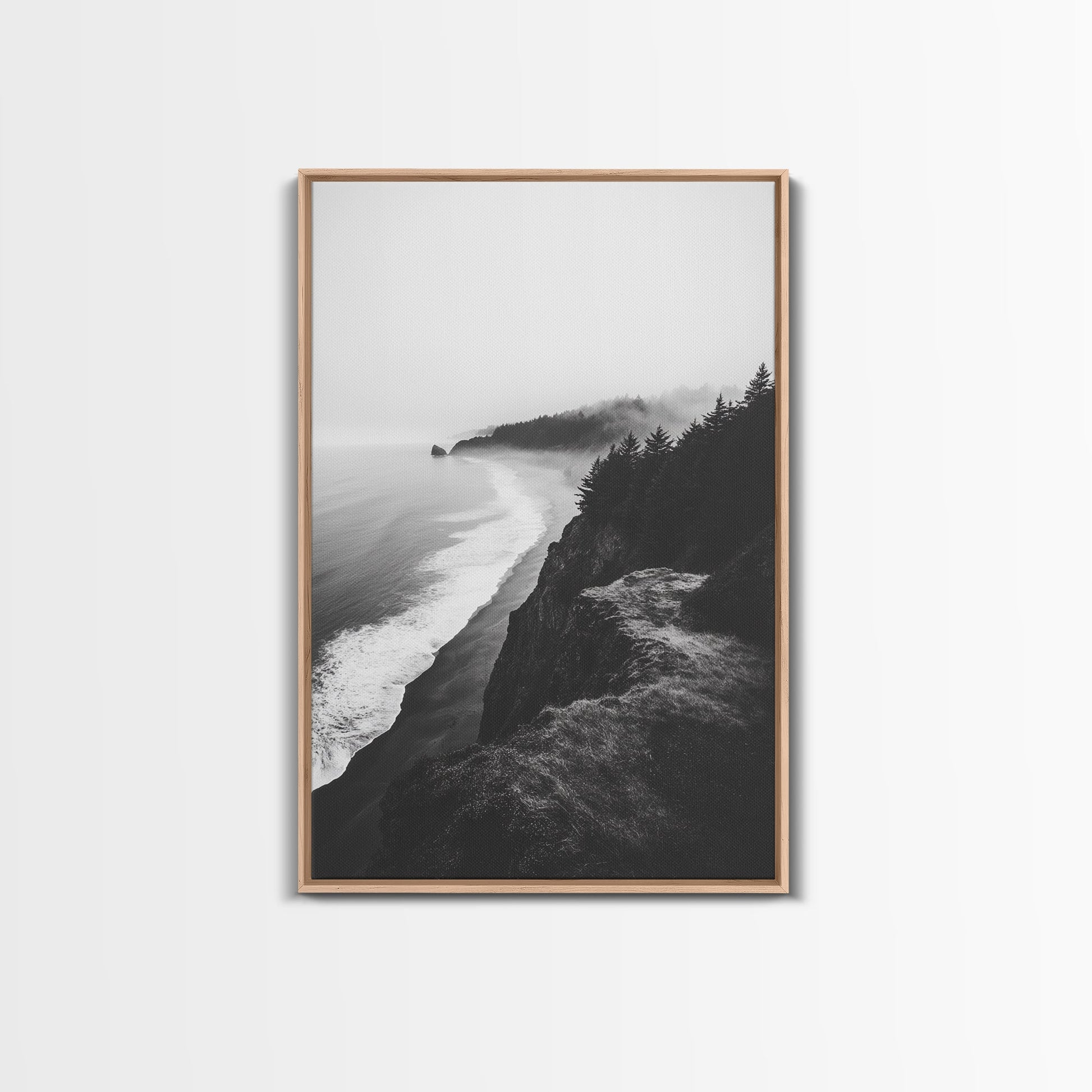 Misty Coastline, Pine Forest, Foggy Morning, Framed Canvas Print, Moody Nature Decor, Living Room Wall Art, Monochrome Style Light Oak Floater