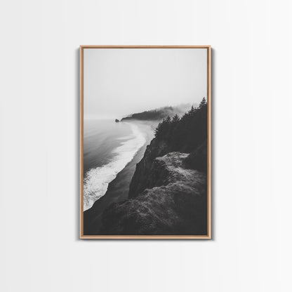 Misty Coastline, Pine Forest, Foggy Morning, Framed Canvas Print, Moody Nature Decor, Living Room Wall Art, Monochrome Style Light Oak Floater