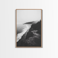 Misty Coastline, Pine Forest, Foggy Morning, Framed Canvas Print, Moody Nature Decor, Living Room Wall Art, Monochrome Style Light Oak Frame