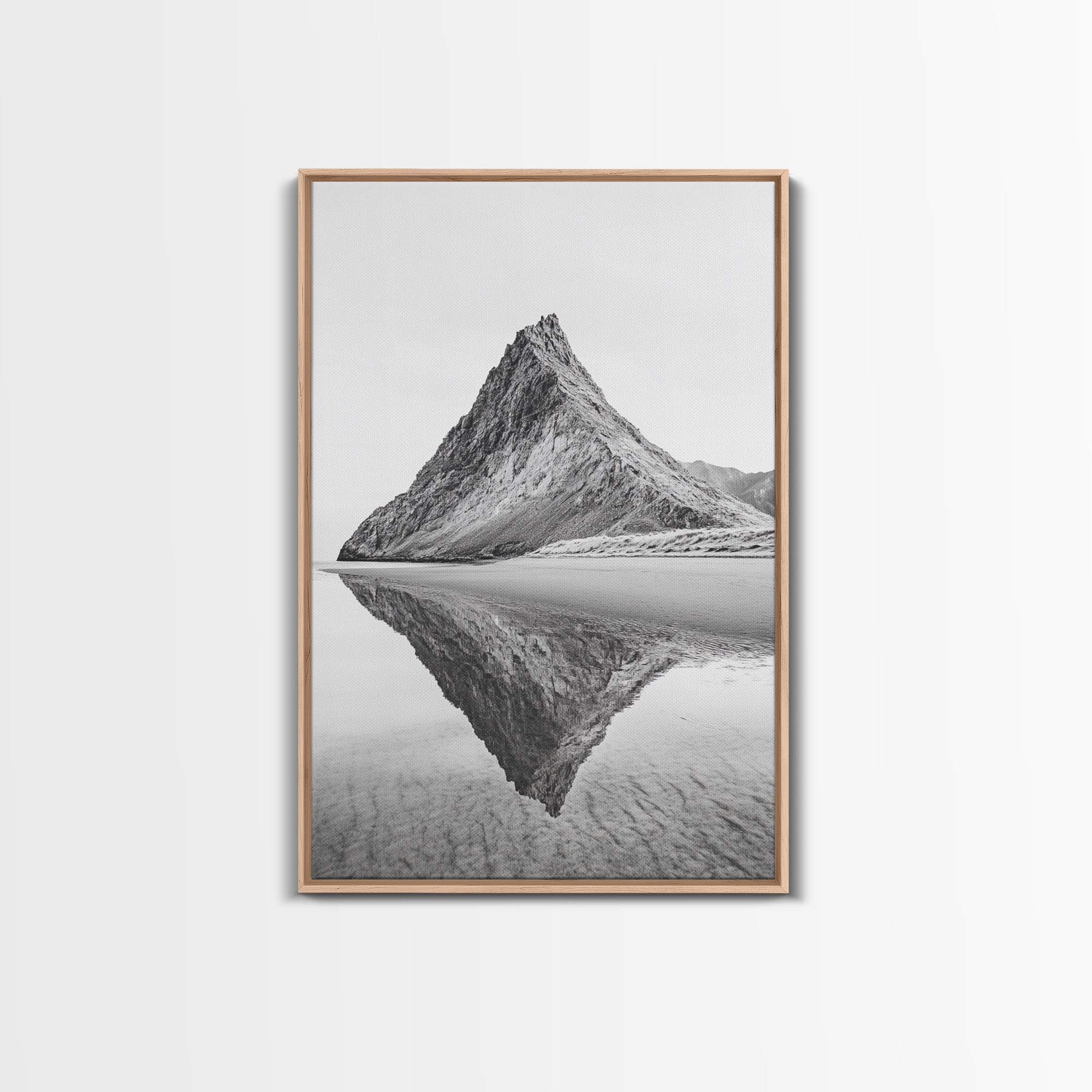 Mountain Mirror, Coastal Peak, Serene Beach, Canvas Print, Minimalist Landscape Art, Modern Living Room Wall Decor, Monochrome Nature Style Light Oak Frame