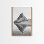 Mountain Mirror, Coastal Peak, Serene Beach, Canvas Print, Minimalist Landscape Art, Modern Living Room Wall Decor, Monochrome Nature Style Light Oak Frame