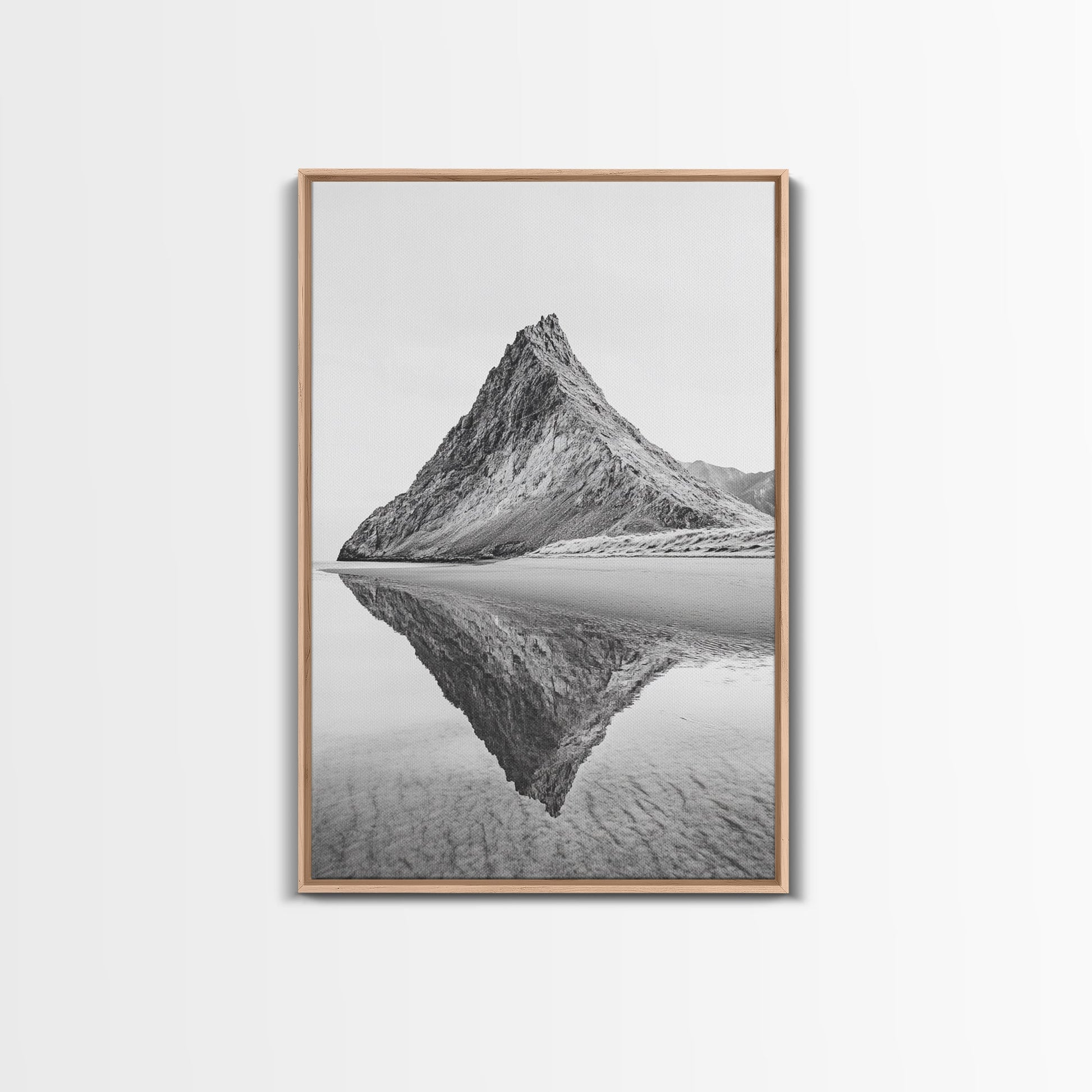 Mountain Mirror, Coastal Peak, Serene Beach, Canvas Print, Minimalist Landscape Art, Modern Living Room Wall Decor, Monochrome Nature Style Light Oak Floater