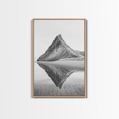 Mountain Mirror, Coastal Peak, Serene Beach, Canvas Print, Minimalist Landscape Art, Modern Living Room Wall Decor, Monochrome Nature Style Light Oak Floater