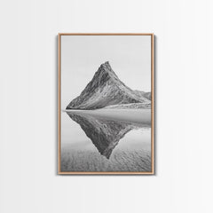 Mountain Mirror, Coastal Peak, Serene Beach, Canvas Print, Minimalist Landscape Art, Modern Living Room Wall Decor, Monochrome Nature Style Light Oak Frame