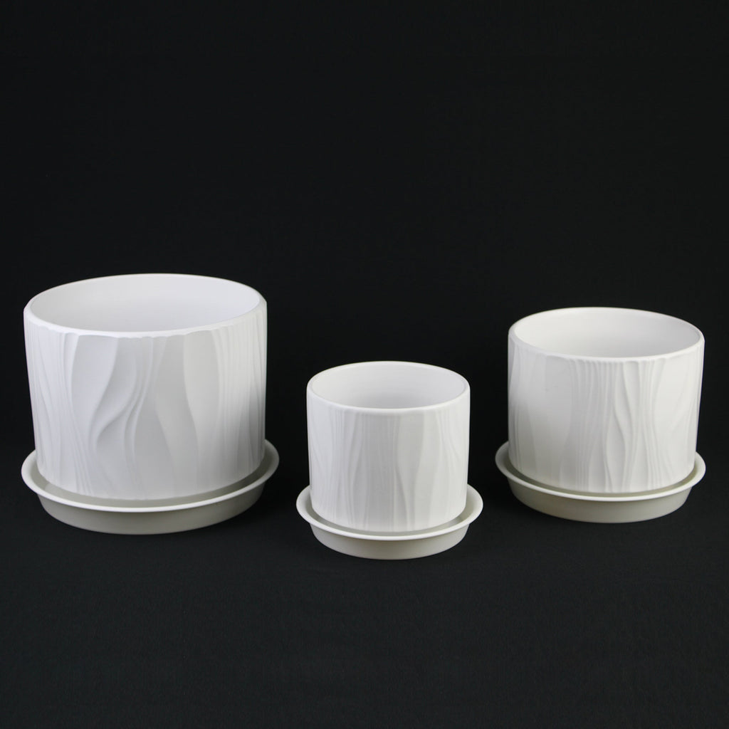 3-Piece White Stoneware Planter Pot Set with Embossed Texture pot with plastic saucer