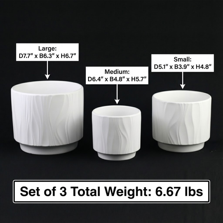 3-Piece White Stoneware Planter Pot Set with Embossed Texture