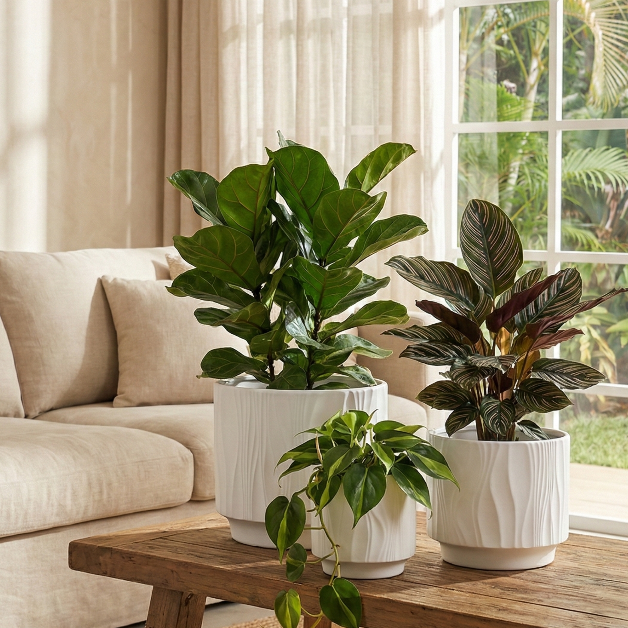 3-Piece White Stoneware Planter Pot Set with Embossed Texture Single set(3 planters)