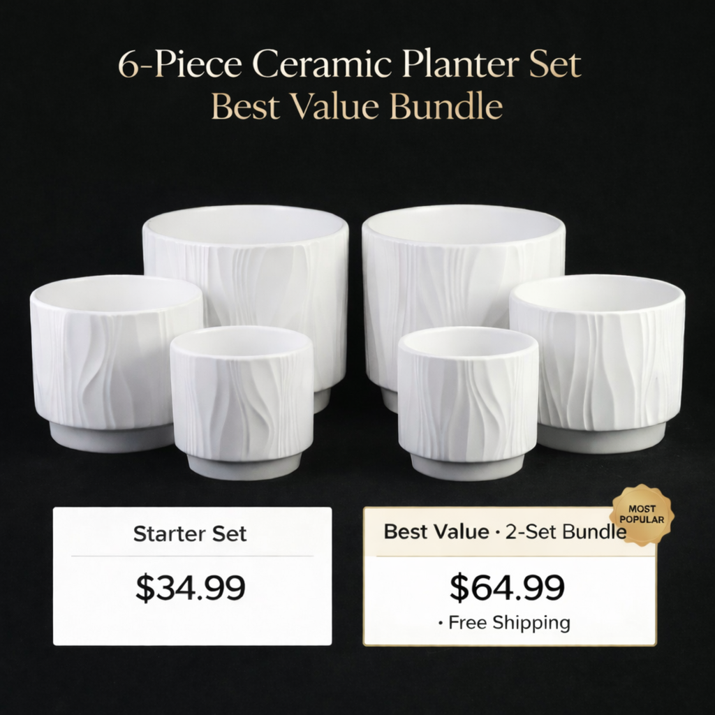 3-Piece White Stoneware Planter Pot Set with Embossed Texture 2-Pack sets(6 planters) - Best Value