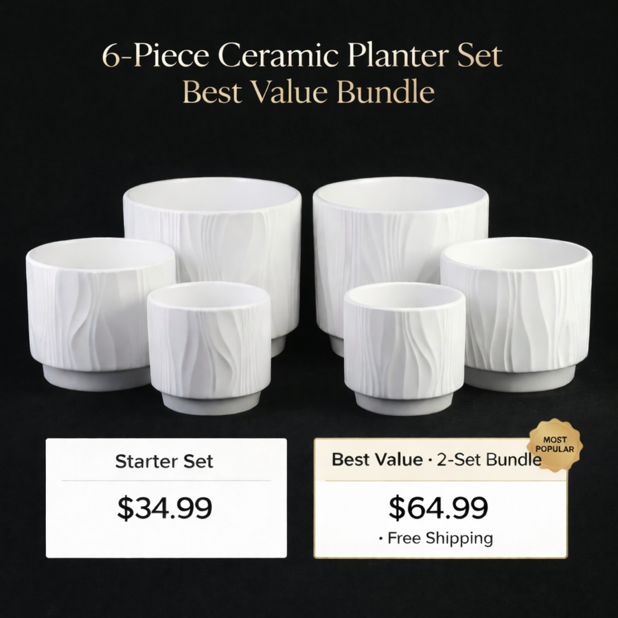 3-Piece White Stoneware Planter Pot Set with Embossed Texture 2-Pack sets(6 planters) - Best Value pot only no saucer