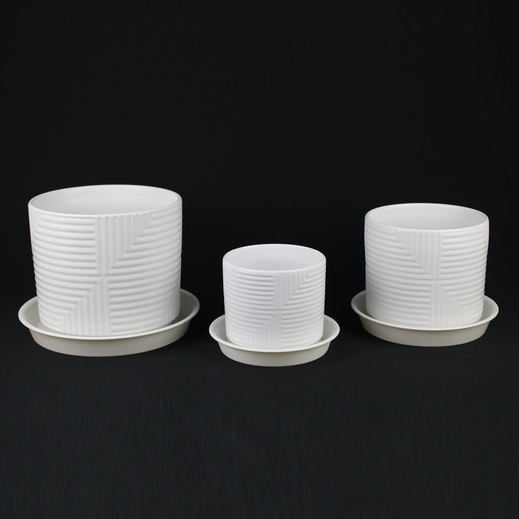 3-Piece White Stoneware Planter Set with Geometric Line Design pot with plastic saucer