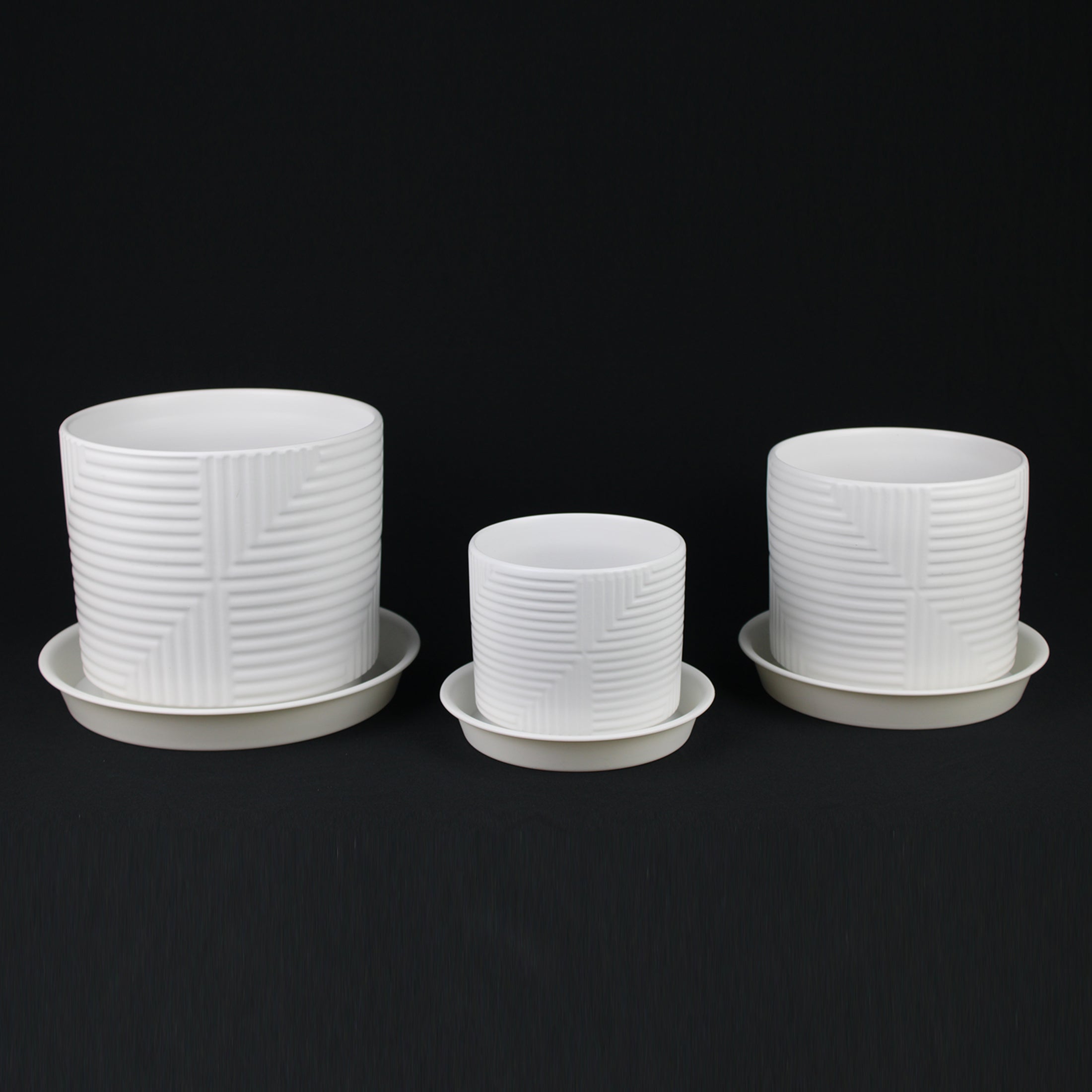 3-Piece White Stoneware Planter Set with Geometric Line Design pot with plastic saucer