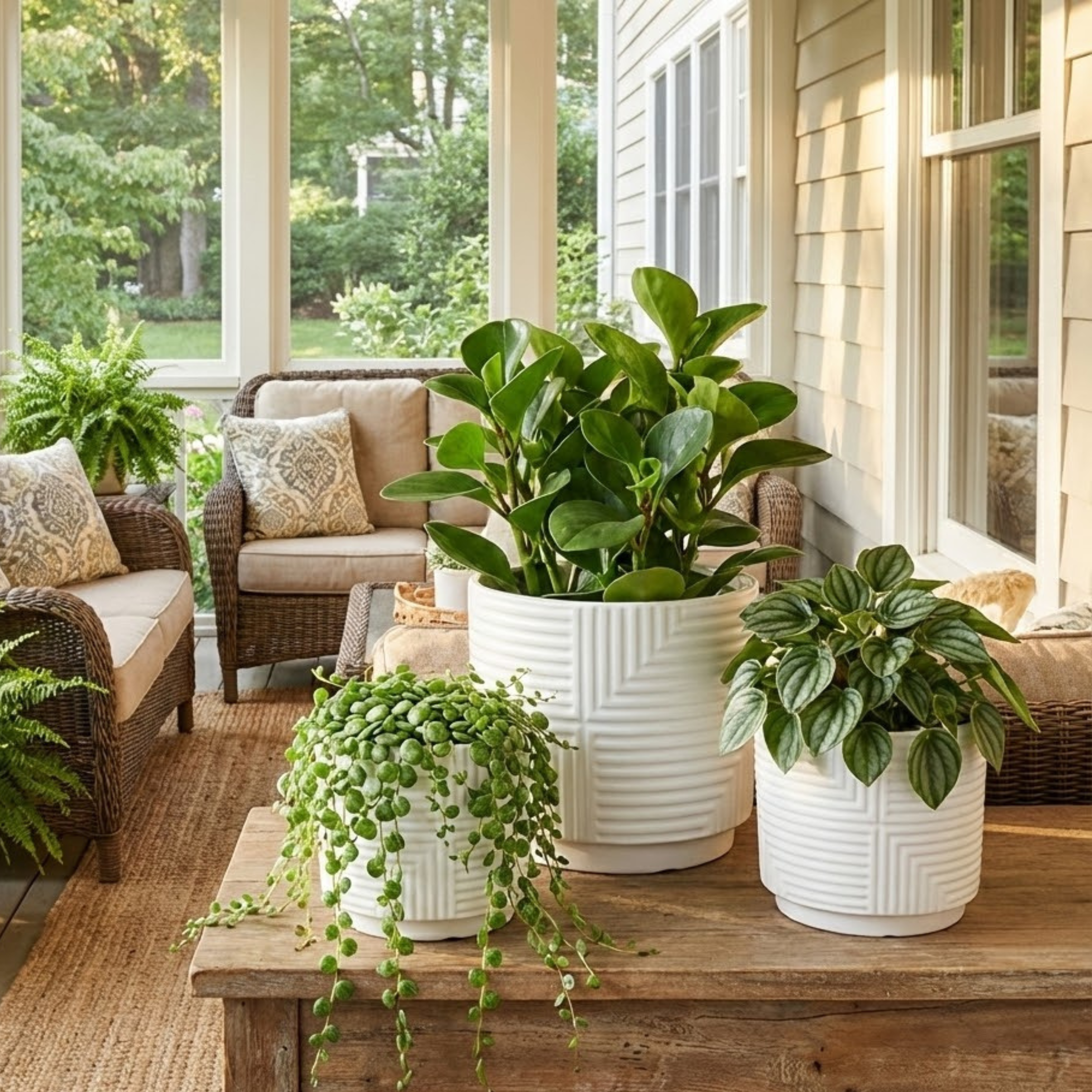 3-Piece White Stoneware Planter Set with Geometric Line Design Main image