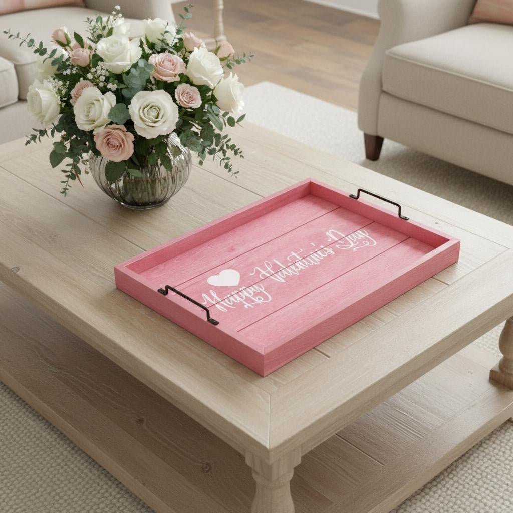 16" Dark Pink And White Happy Valentines Day Serving Tray With Handles