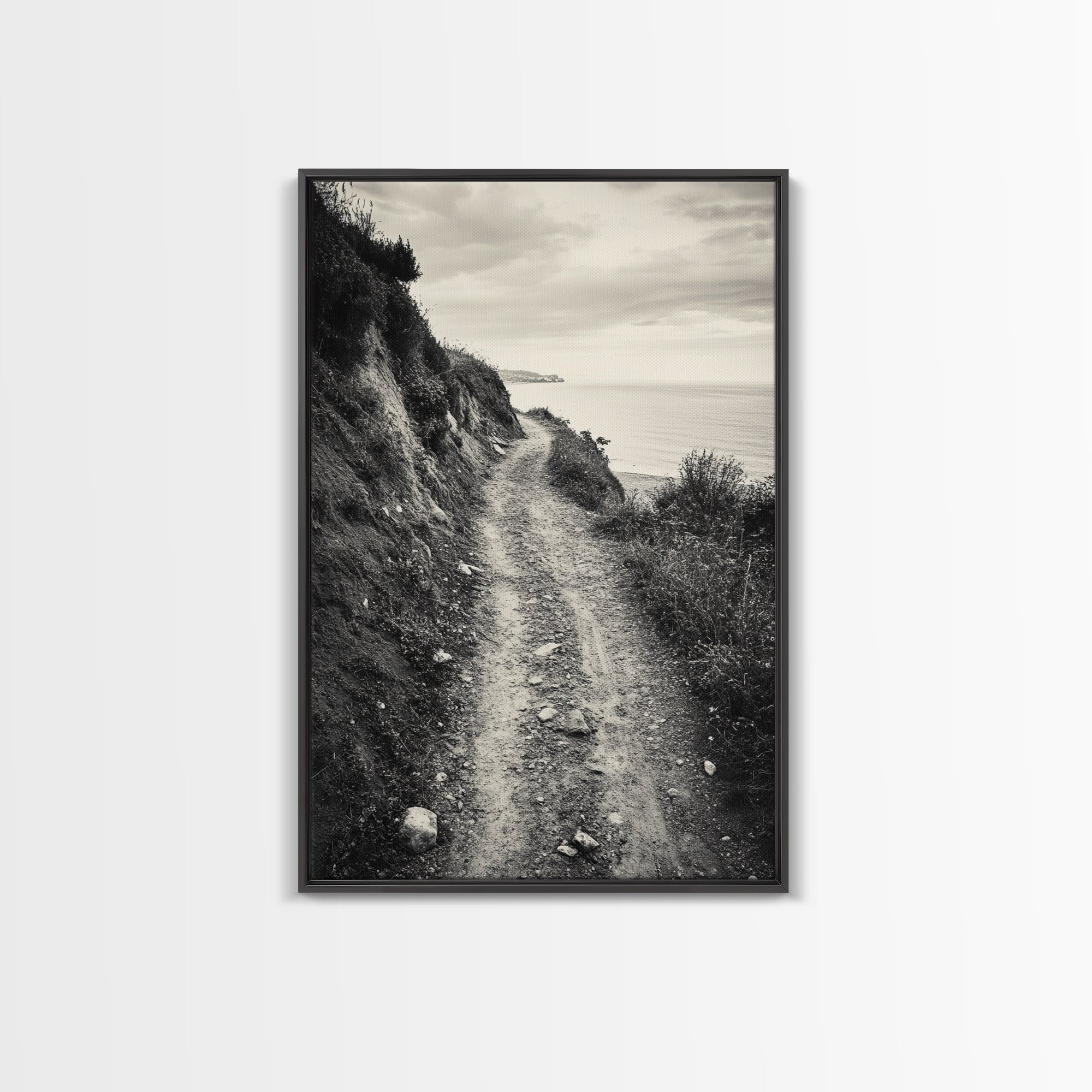 Coastal Cliff Path, Tranquil Trail, Black and White Landscape, Nature Lover Gift, Framed Canvas Print, Entryway Wall Art, Rustic Boho Art Black Frame