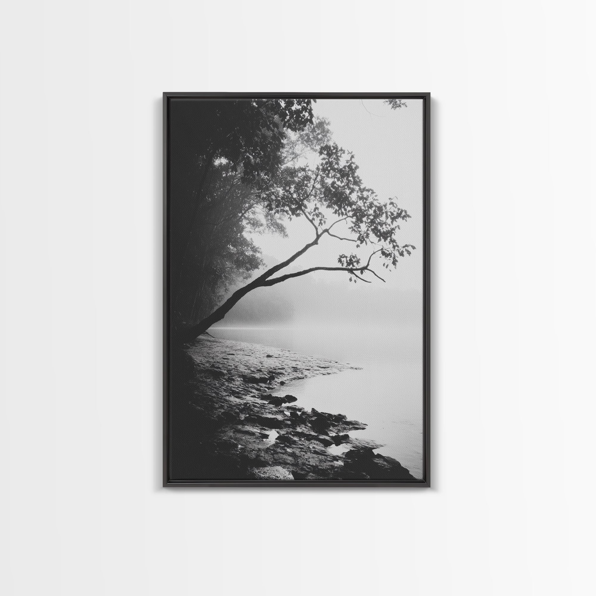 Misty Tree, Shoreline Fog, Forest Edge, Moody Atmosphere, Framed Canvas Print, Bedroom Wall Art, Autumn Woodland Style, Serene Nature Decor Black Frame