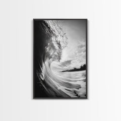 Ocean Wave Curl, Sea Barrel Art, Surf Power Print, Framed Canvas Print, Bathroom Wall Art, Modern Beach Decor, Black White Seascape Black Frame