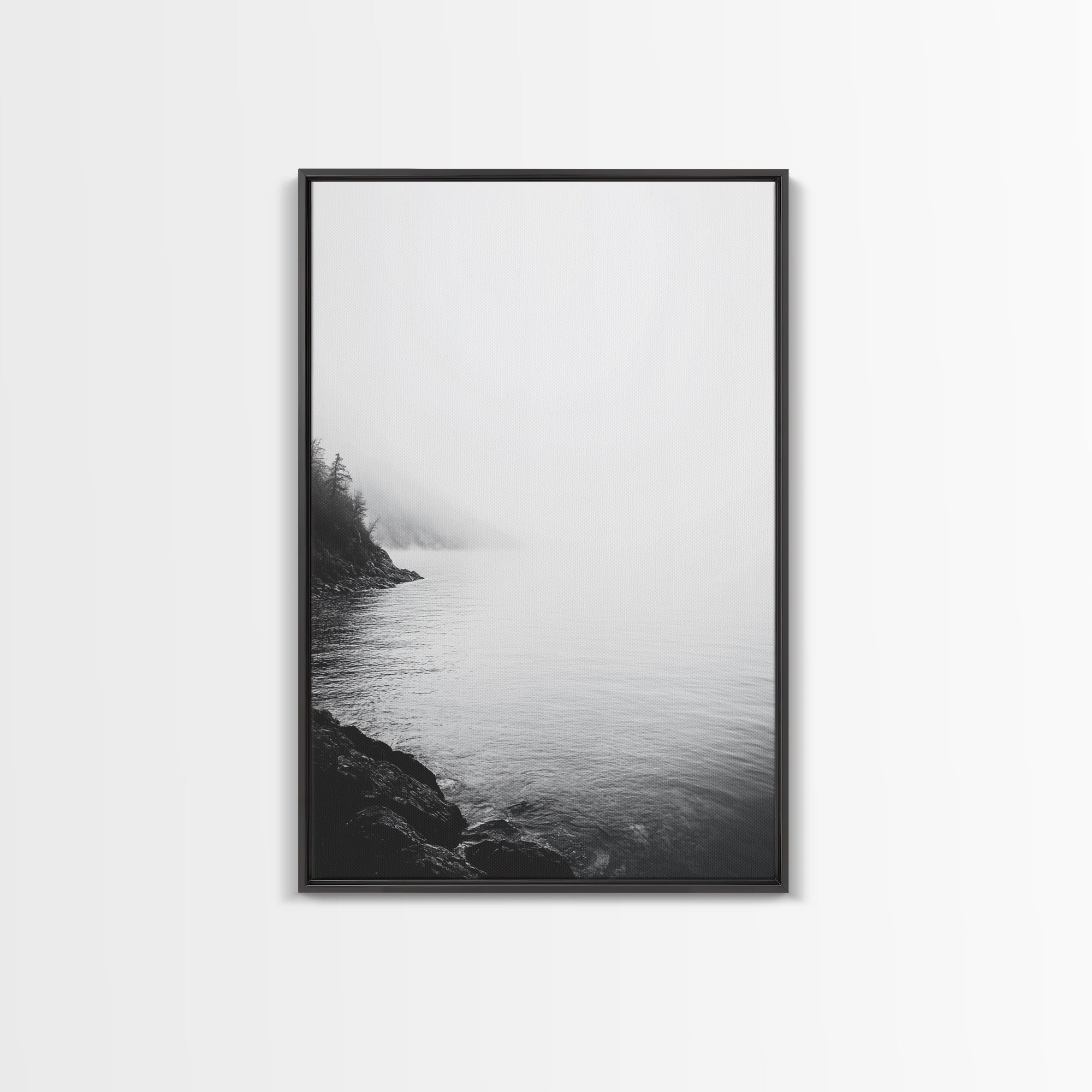 Misty Lakeshore, Foggy Forest Water, Monochrome Tranquility, Framed Canvas Print, Minimalist Art, Calm Landscape, Bedroom Wall Decor Black Frame