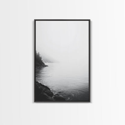 Misty Lakeshore, Foggy Forest Water, Monochrome Tranquility, Framed Canvas Print, Minimalist Art, Calm Landscape, Bedroom Wall Decor Black Floater