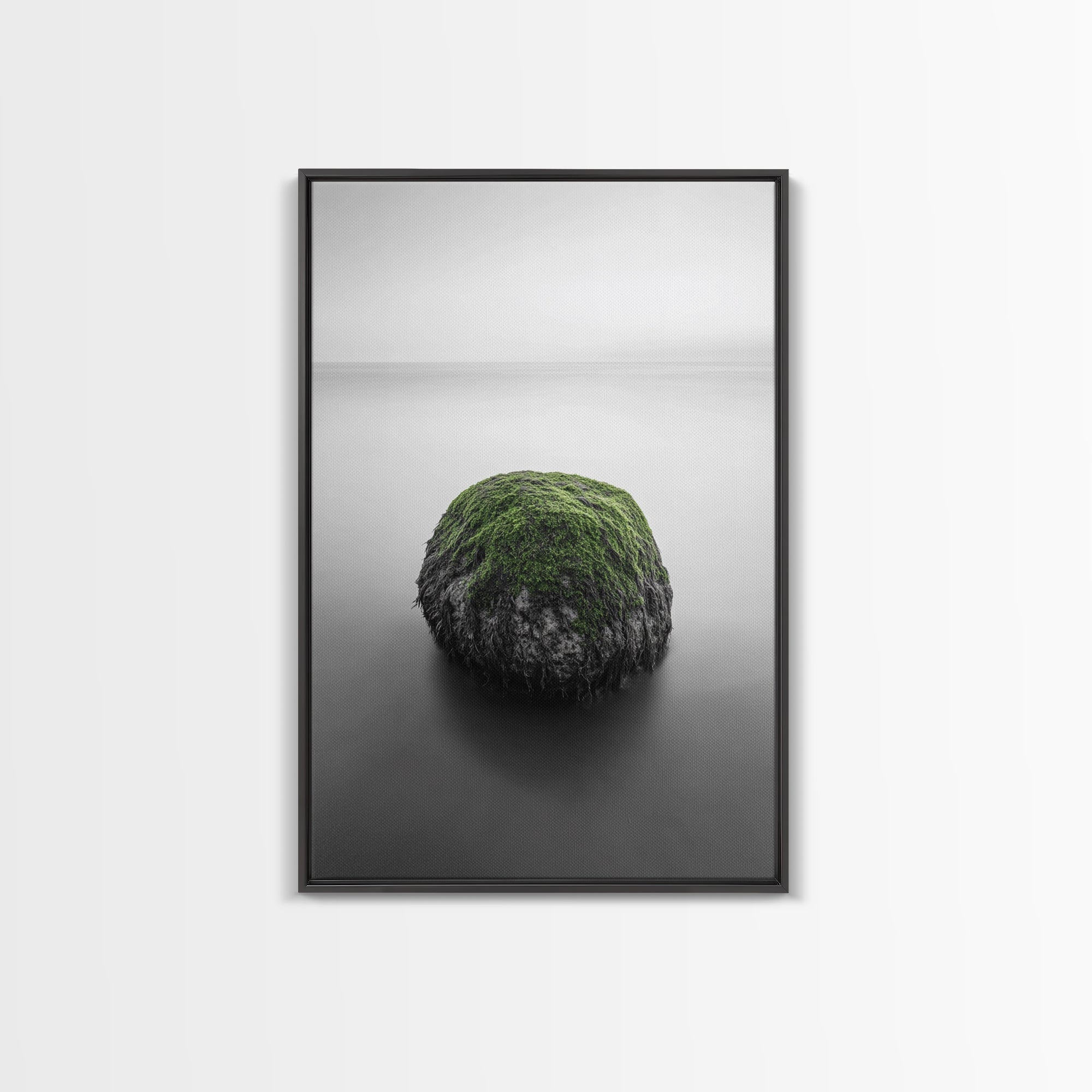 Moss Rock Minimal, Green Accent Art, Coastal Zen Decor, Framed Canvas Print, Modern Neutral Room, Nature Wall Aesthetic Black Frame