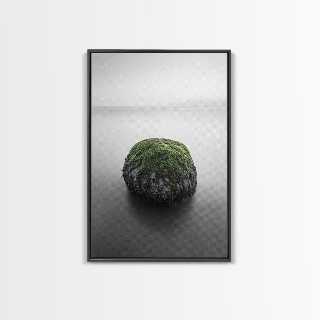 Moss Rock Minimal, Green Accent Art, Coastal Zen Decor, Framed Canvas Print, Modern Neutral Room, Nature Wall Aesthetic Black Frame