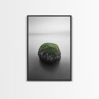 Moss Rock Minimal, Green Accent Art, Coastal Zen Decor, Framed Canvas Print, Modern Neutral Room, Nature Wall Aesthetic Black Floater