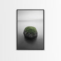 Moss Rock Minimal, Green Accent Art, Coastal Zen Decor, Framed Canvas Print, Modern Neutral Room, Nature Wall Aesthetic Black Frame