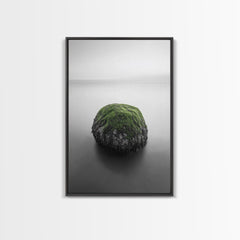 Moss Rock Minimal, Green Accent Art, Coastal Zen Decor, Framed Canvas Print, Modern Neutral Room, Nature Wall Aesthetic Black Frame