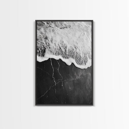 Wave Edge, Cracked Earth, Tide Meets Stone, Nature Contrast, Canvas Print, Abstract Ocean Art, Minimalist Wall Decor, Bathroom Artwork Black Floater