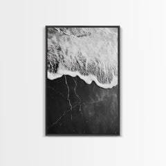 Wave Edge, Cracked Earth, Tide Meets Stone, Nature Contrast, Canvas Print, Abstract Ocean Art, Minimalist Wall Decor, Bathroom Artwork Black Frame