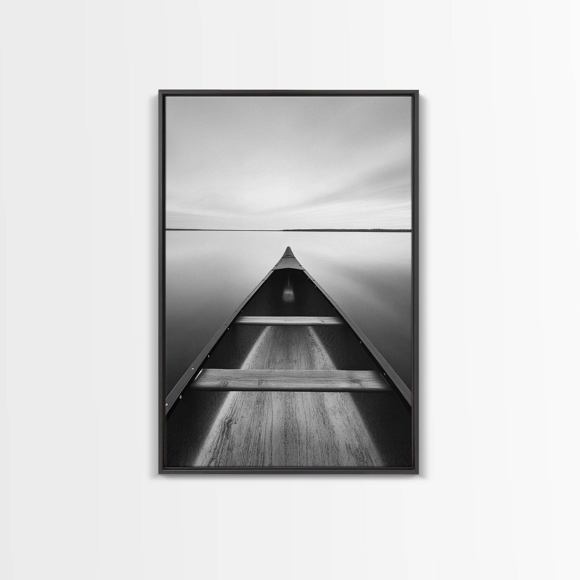Canoe, Lake, Calm, Horizon - Minimalist lake paddle scene, Framed Canvas Print, peaceful home office art, Scandinavian decor, wilderness print Black Floater