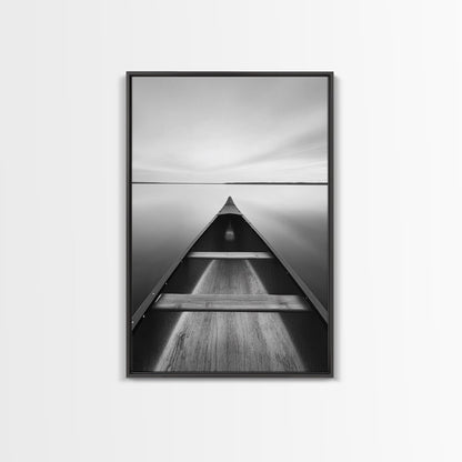 Canoe, Lake, Calm, Horizon - Minimalist lake paddle scene, Framed Canvas Print, peaceful home office art, Scandinavian decor, wilderness print Black Floater