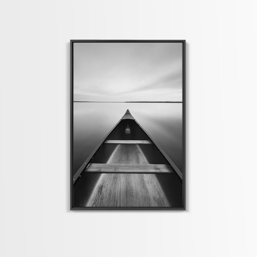 Canoe, Lake, Calm, Horizon - Minimalist lake paddle scene, Framed Canvas Print, peaceful home office art, Scandinavian decor, wilderness print Black Frame