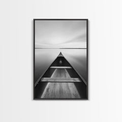 Canoe, Lake, Calm, Horizon - Minimalist lake paddle scene, Framed Canvas Print, peaceful home office art, Scandinavian decor, wilderness print Black Frame