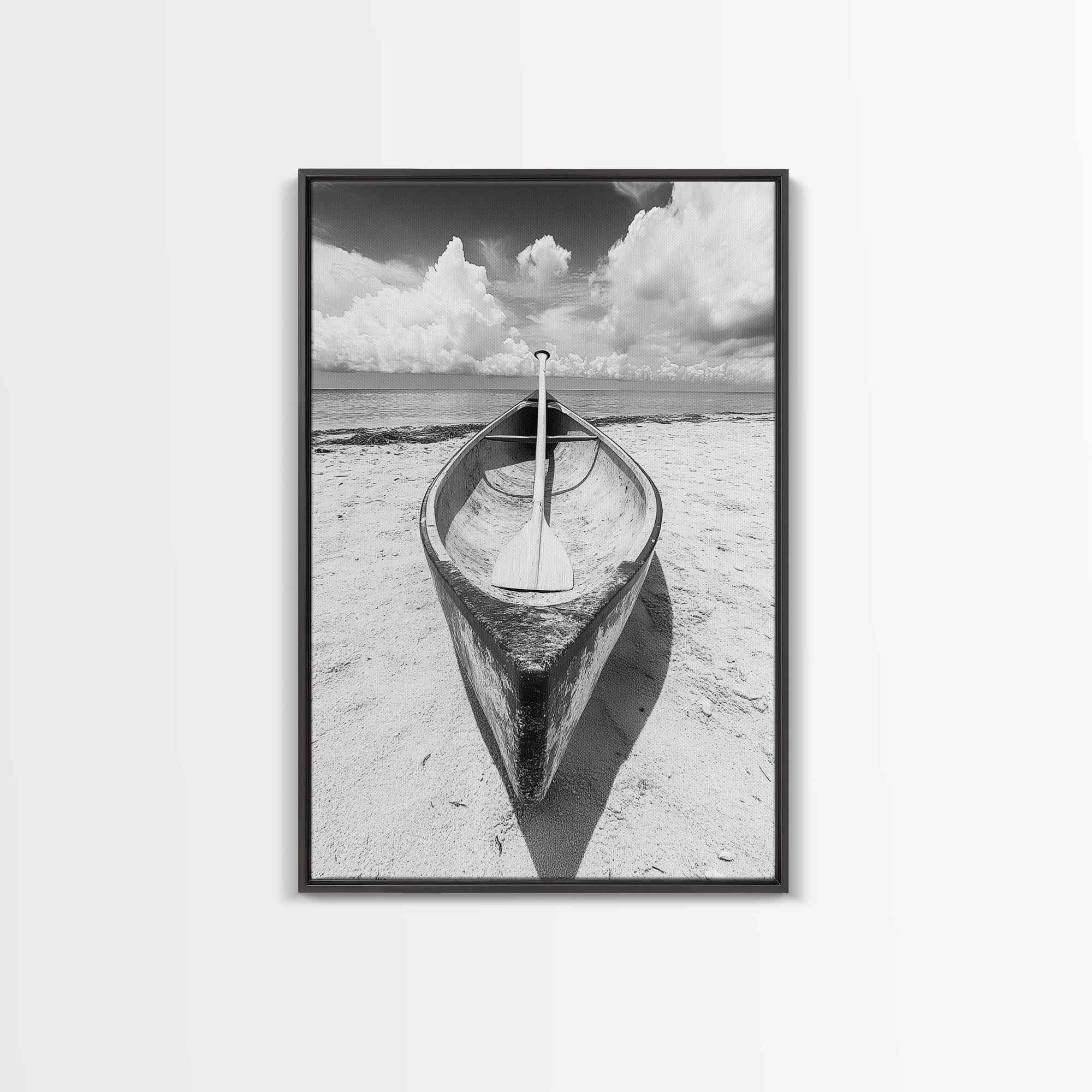 Paddle, Canoe, Beach, Clouds - Summer boating scene, Canvas Print, ideal bathroom or guestroom nautical art, rustic coastal boho wall decor Black Frame