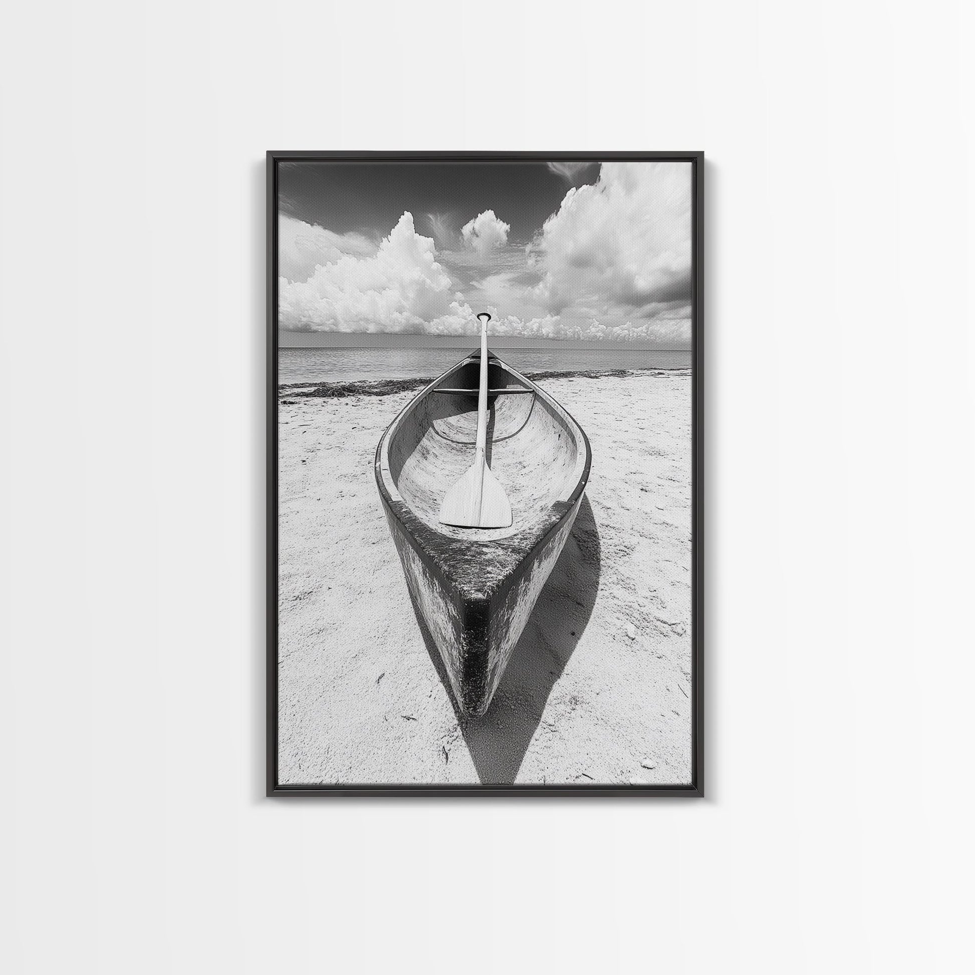 Paddle, Canoe, Beach, Clouds - Summer boating scene, Canvas Print, ideal bathroom or guestroom nautical art, rustic coastal boho wall decor Black Floater