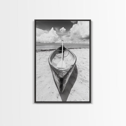Paddle, Canoe, Beach, Clouds - Summer boating scene, Canvas Print, ideal bathroom or guestroom nautical art, rustic coastal boho wall decor Black Floater