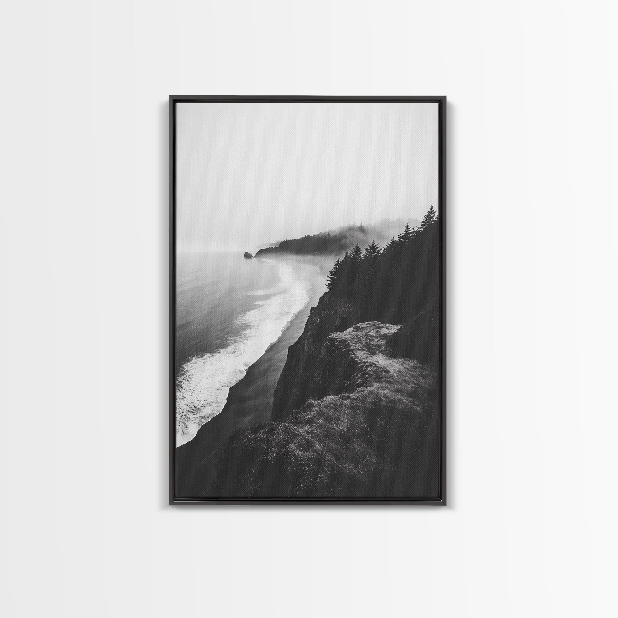 Misty Coastline, Pine Forest, Foggy Morning, Framed Canvas Print, Moody Nature Decor, Living Room Wall Art, Monochrome Style Black Frame
