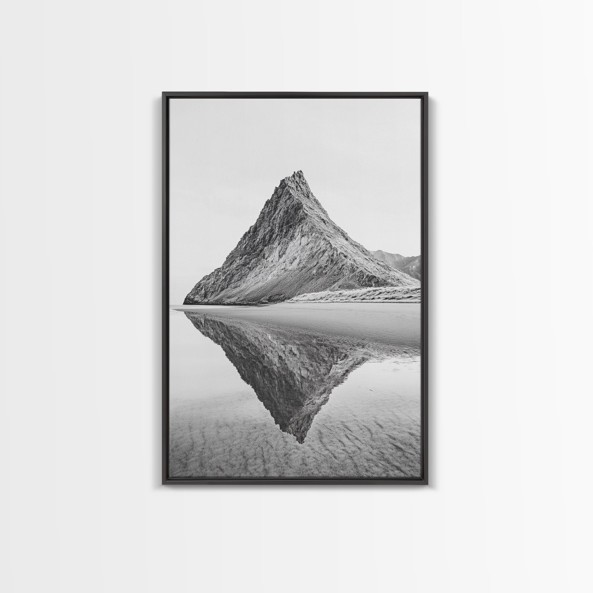 Mountain Mirror, Coastal Peak, Serene Beach, Canvas Print, Minimalist Landscape Art, Modern Living Room Wall Decor, Monochrome Nature Style Black Frame