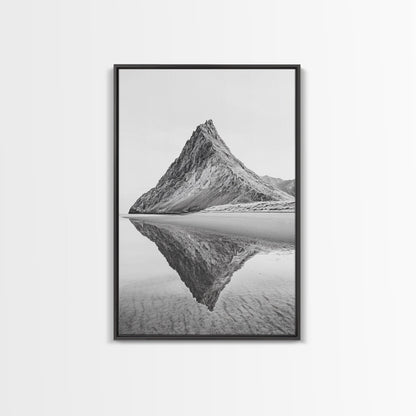 Mountain Mirror, Coastal Peak, Serene Beach, Canvas Print, Minimalist Landscape Art, Modern Living Room Wall Decor, Monochrome Nature Style Black Floater