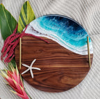 Medium Round Serving Tray Black Walnut Bali Breeze (Dark Turquoise) Gold Round