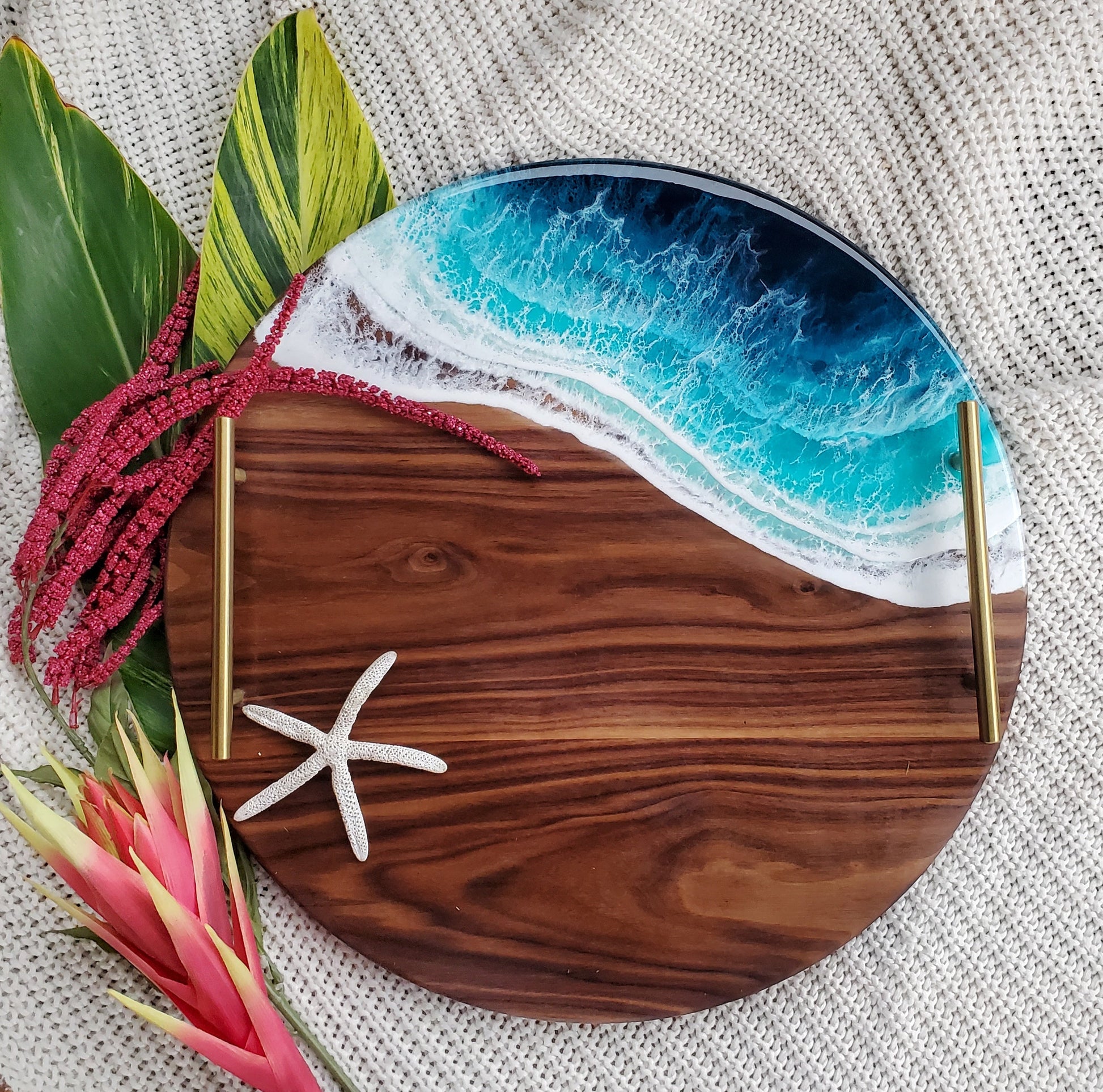 Medium Round Serving Tray Black Walnut Bali Breeze (Dark Turquoise) Gold Round