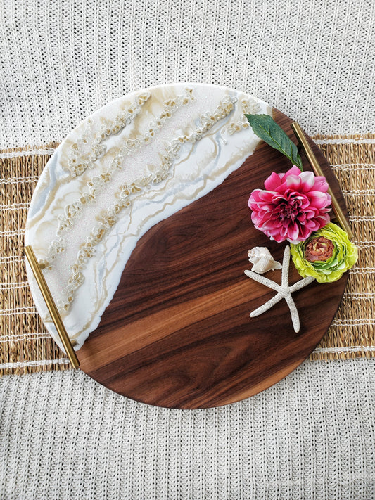 Medium Round Serving Tray Black Walnut Gold Round