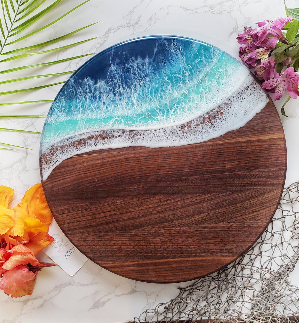Medium Round Serving Tray Black Walnut Tropical Getaway Brushed Nickel
