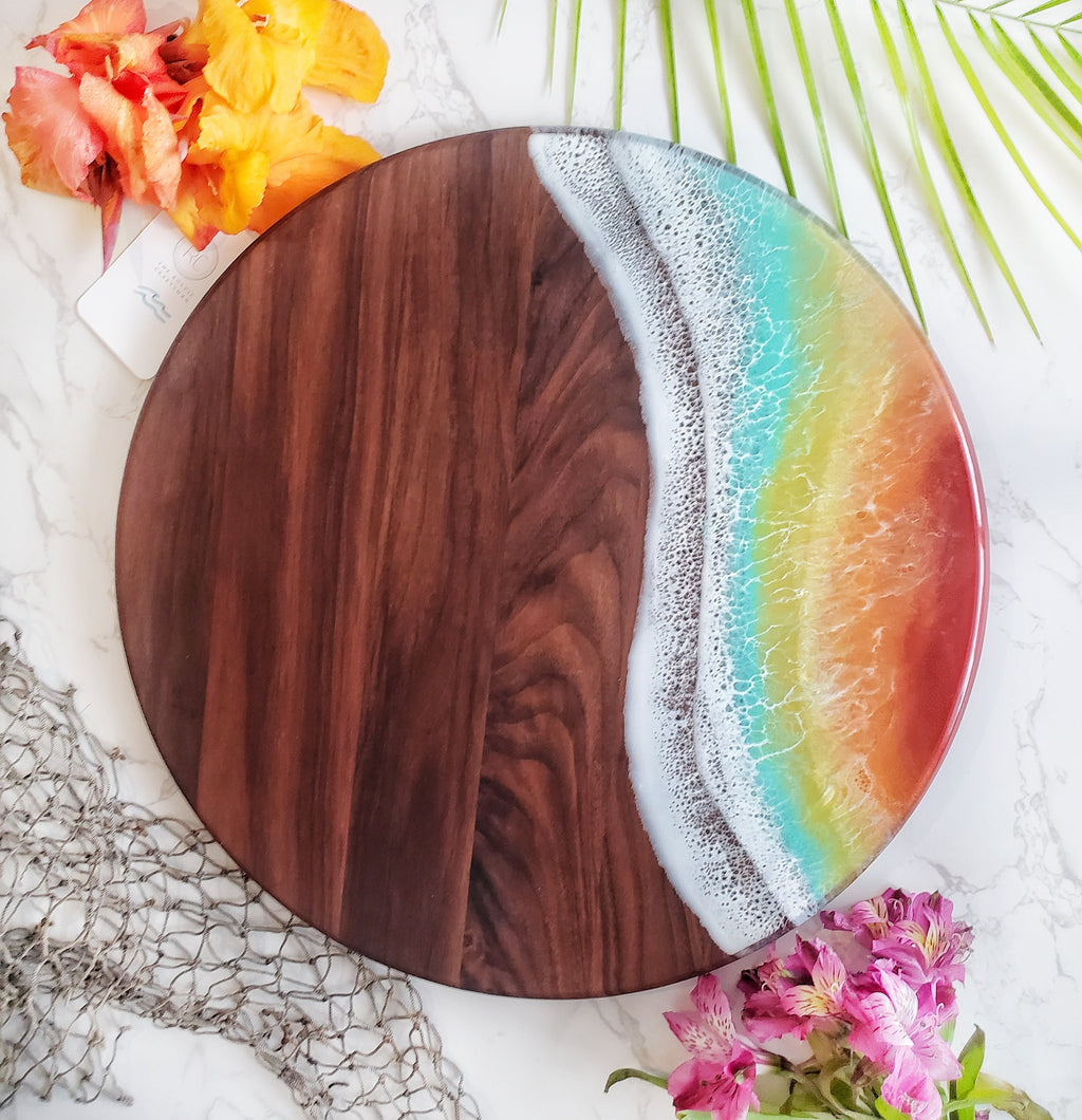 Medium Round Serving Tray Black Walnut Sangria Sunset Gold Round