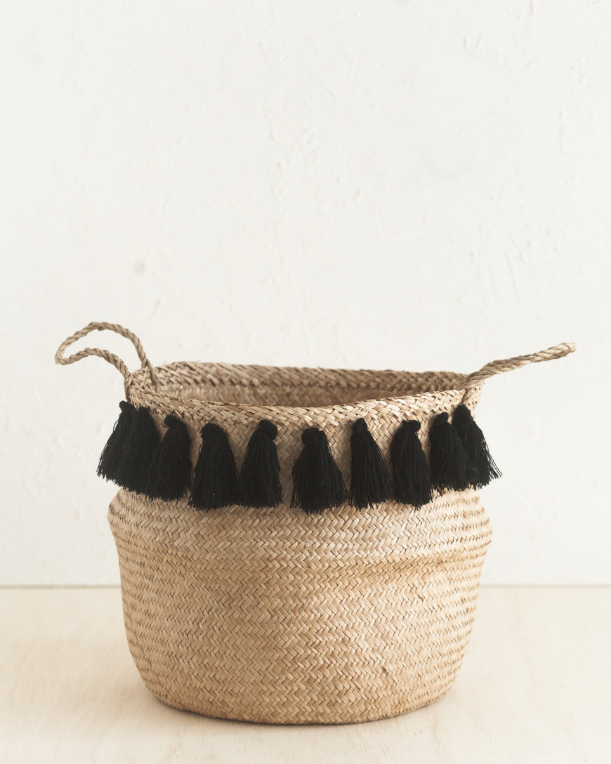 Black Tasseled Belly Baskets Large