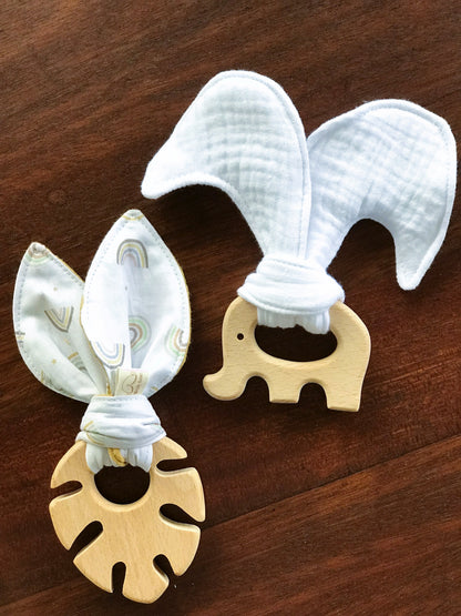 Baby Beech Wood Teether with Organic Cotton Fabric Tie