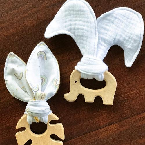 Baby Beech Wood Teether with Organic Cotton Fabric Tie