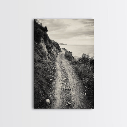 Coastal Cliff Path, Tranquil Trail, Black and White Landscape, Nature Lover Gift, Framed Canvas Print, Entryway Wall Art, Rustic Boho Art No Frame - Stretched Canvas Only