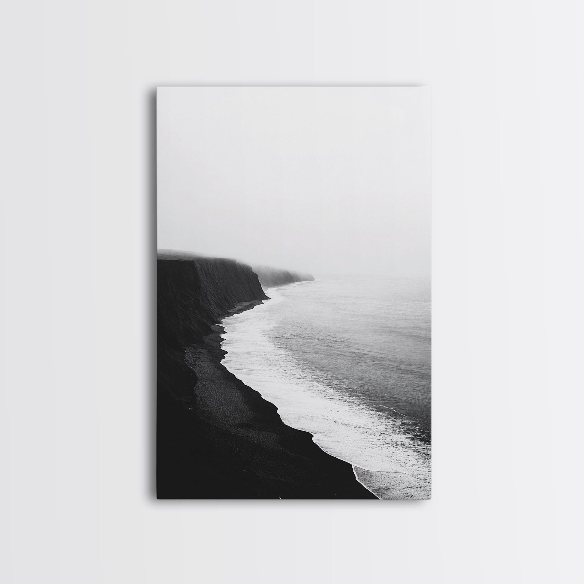 Cliff Coast, Mist Horizon, Monochrome Sea, Rugged Beauty, Canvas Print, Living Room Wall Art, Coastal Modern Style, Minimalist Ocean Scene No Frame - Stretched Canvas Only