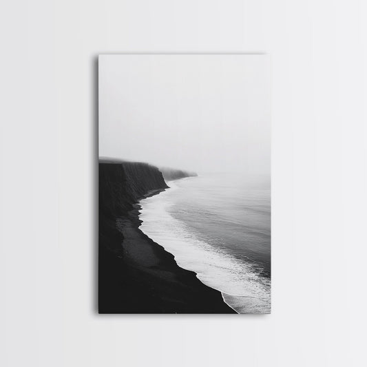 Cliff Coast, Mist Horizon, Monochrome Sea, Rugged Beauty, Canvas Print, Living Room Wall Art, Coastal Modern Style, Minimalist Ocean Scene No Frame - Stretched Canvas Only